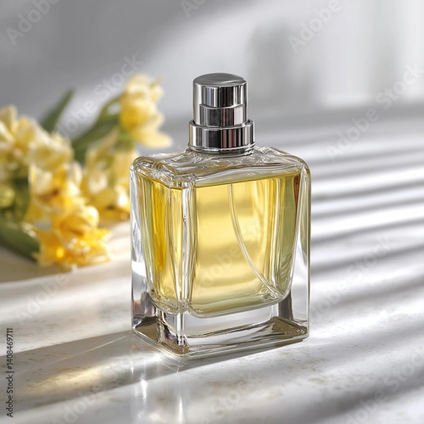 Fototapeta Discover Luxury Fragrance Elegance with a Premium Perfume Bottle Resting on a Crisp White Surface