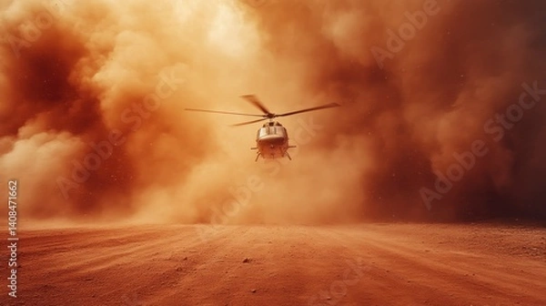 Obraz Helicopter Hovering Amidst a Dust Storm in a Desert Environment