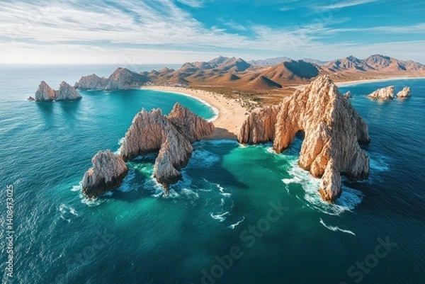 Fototapeta A breathtaking aerial view of Lands End and the Arch at Cabo San Lucas, Baja California Sur, Mexico This dramatic image captures the moment where the Pacific Ocean meets the Gulf of California, creati