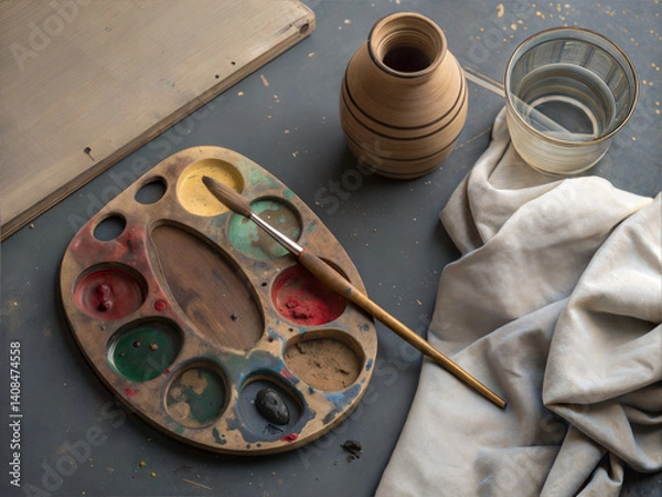 Fototapeta Artist's palette with paint and brush on a creative workspace  