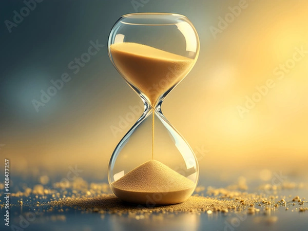 Obraz Classic Hourglass with Flowing Sand on Warm Glowing Background Symbolizing Time Passing, Urgency, and Life Balance