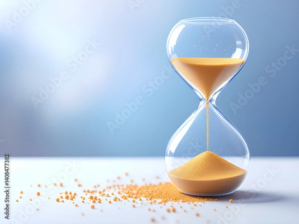 Obraz Transparent Glass Hourglass with Flowing Golden Sand on Minimalist Surface Representing Time Passing and Deadline Concept