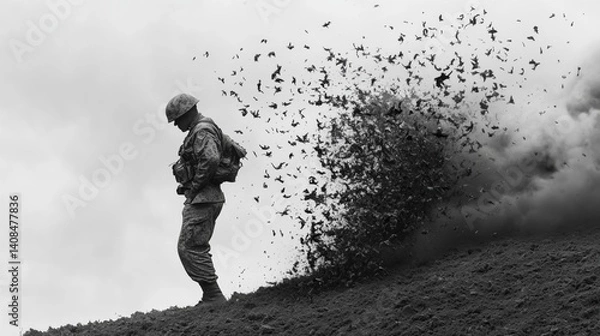 Obraz Soldier in black and white with birds flying away