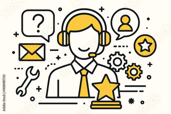 Obraz Customer service. Modern flat line art illustration. Trendy outline vector graphic elements. Creative concept. Black and yellow colors isolated on white background