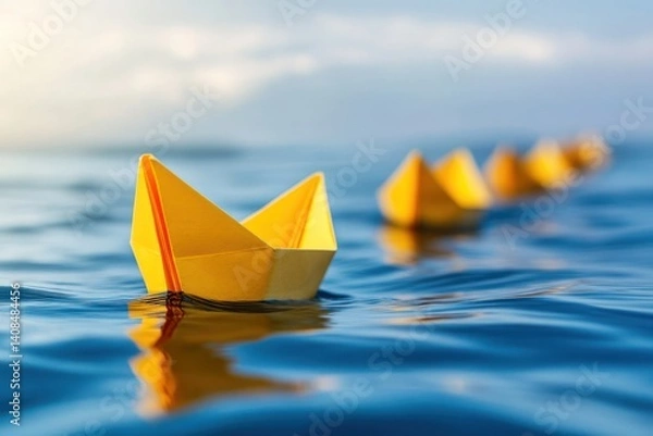 Fototapeta A yellow paper boat steering the fleet, leading new boats to join the team, representing leadership, cooperation, and the spirit of teamwork in a tranquil sea setting