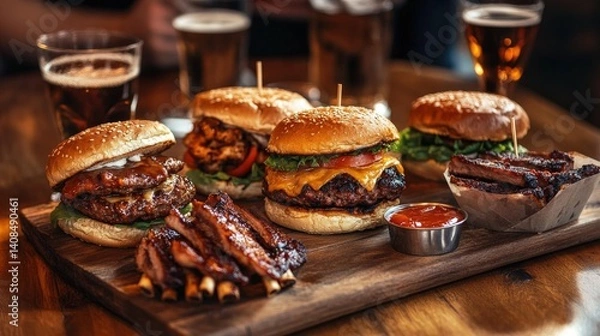 Obraz Delicious burgers and ribs served on wooden board with beer