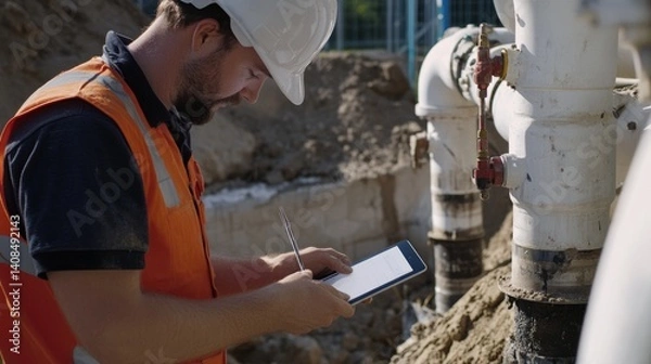 Fototapeta Drainage engineer inspecting stormwater pipes at an excavation site. Featuring water management and precision