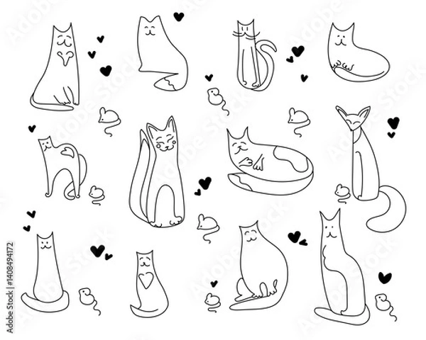 Fototapeta cats and mice doodle set. Collection of funny hand drawn various kinds of cute wild birds isolated on transparent background.Funny doodle cats sketch on a white background