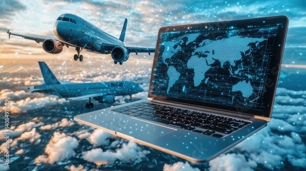 Obraz Global air travel management through technological platforms.