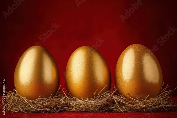 Fototapeta Golden easter eggs on a vibrant red background create a festive atmosphere for spring celebrations