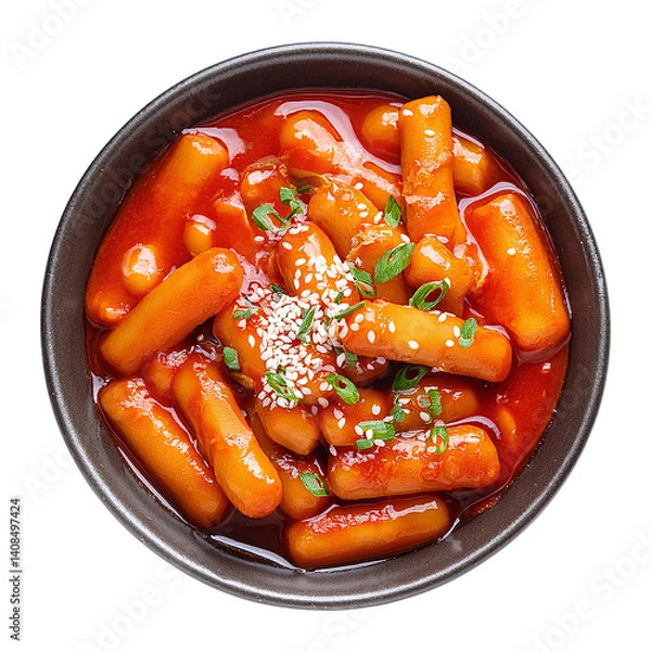 Obraz Tteokbokki: A close-up, inviting top-down shot of a bowl brimming with traditional Korean tteokbokki, showcasing the vibrant colors and delicious textures.