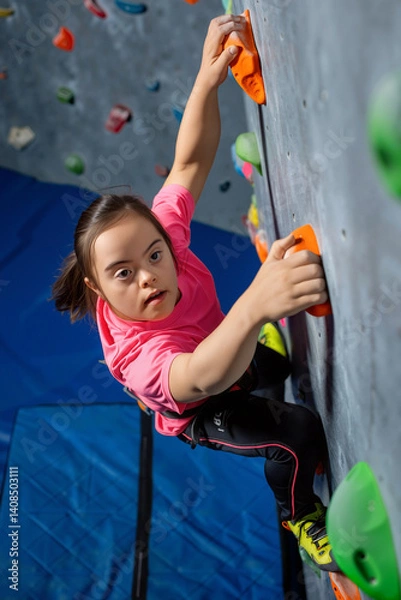 Fototapeta A young girl with Down syndrome climbs an indoor rock wall, showcasing her determination and skill in a vibrant gym environment during the afternoon. Generative AI.