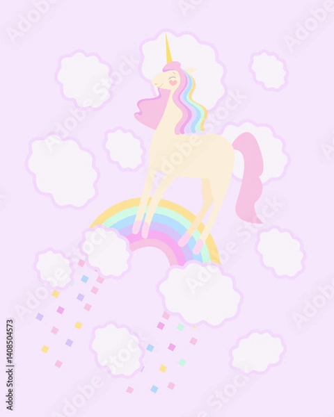 Fototapeta Cartoon unicorn standing on rainbow with clouds. Princess unicorn with a crown on her head with a pink and colorful mane on a light background