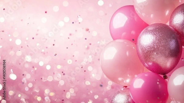 Fototapeta A playful pink background with balloons and shiny elements, ideal for festive social media content