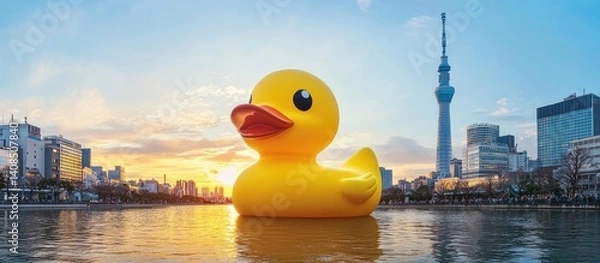 Obraz Massive yellow rubber duck floats in a city harbor at sunset.