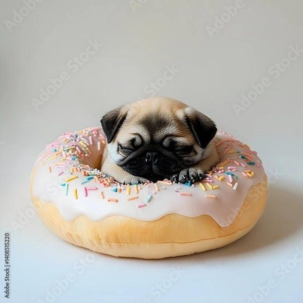 Fototapeta Adorable pug puppy resting in a donut-shaped pillow