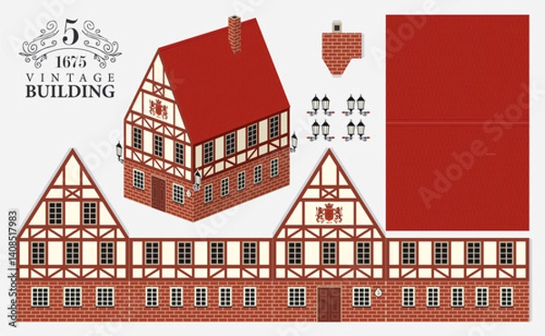 Fototapeta Old building model in classic European German or Bavarian style with tiled roof. Vector paper cutout mockup sets. Cute old vintage Christmas toy house