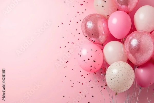 Fototapeta Pink background with balloons and shiny decorative elements, ideal for social media content and event promotions