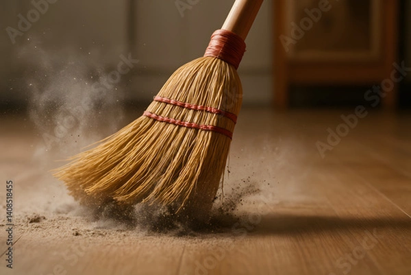 Fototapeta A broom is shown with a lot of dust on it. The broom is on a wooden floor