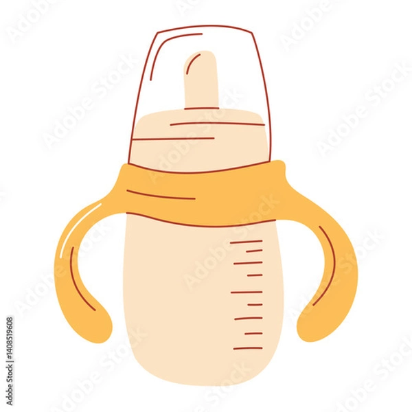 Fototapeta Cute baby bottle with handles, vector flat hand drawn illustration. Simple modern design, clean graphic for baby care concepts, feeding, products. Isolated background