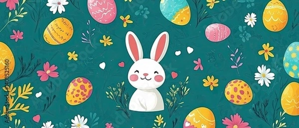 Fototapeta Colorful easter pattern with bunny and eggs