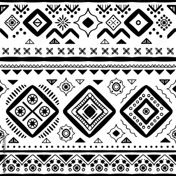 Fototapeta Black and white Ethnic seamless in native style. Vector pattern with African art decoration tribal geometric shape symbols. Folk background vector. Tent boarder backdrop. Abstract Aztec line motif