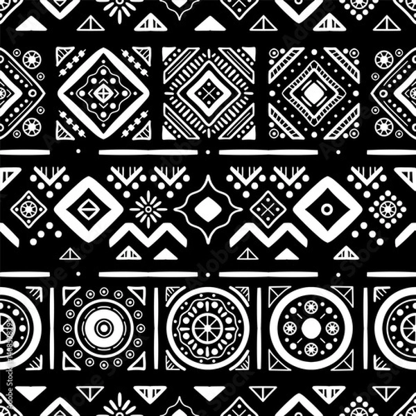 Fototapeta Black and white Ethnic seamless in native style. Vector pattern with African art decoration tribal geometric shape symbols. Folk background vector. Tent boarder backdrop. Abstract Aztec line motif