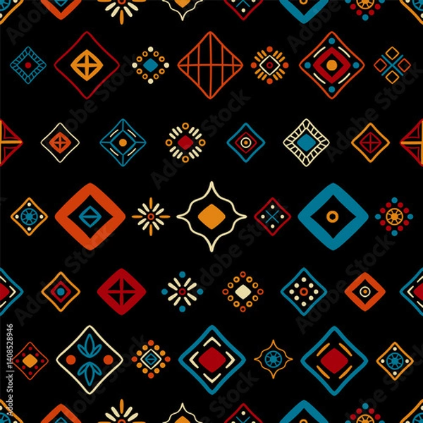 Fototapeta Ethnic seamless in native style. Vector pattern with African art decoration tribal geometric shape symbols. Folk background vector. Tent boarder backdrop. Abstract Aztec line motif