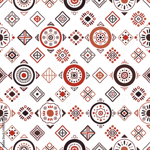 Fototapeta Ethnic seamless in native style. Vector pattern with African art decoration tribal geometric shape symbols. Folk background vector. Tent boarder backdrop. Abstract Aztec line motif