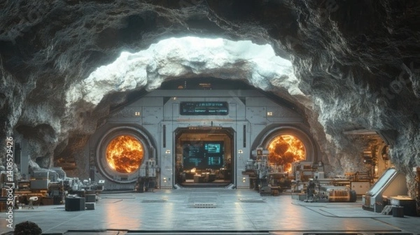 Obraz A futuristic subterranean processing facility with fiery reactors.