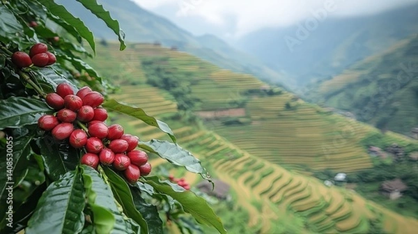 Obraz Lush coffee cherries ripen on a hillside plantation.