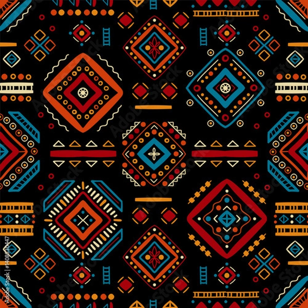Fototapeta Ethnic seamless in native style. Vector pattern with African art decoration tribal geometric shape symbols. Folk background vector. Tent boarder backdrop. Abstract Aztec line motif
