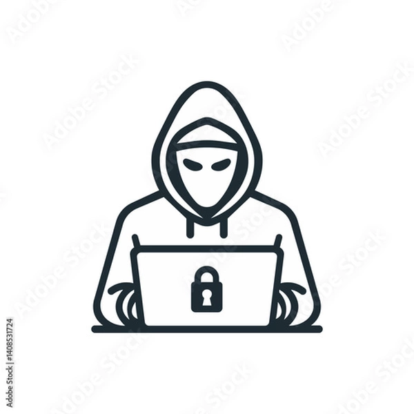 Fototapeta Security and protection. Hacker with laptop line icon. Vector illustration.