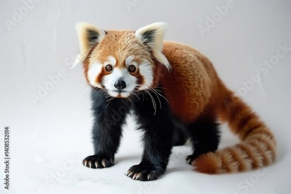 Obraz Cute red panda standing upright fluffy tail curled round black eyes detailed fur texture a bright white background