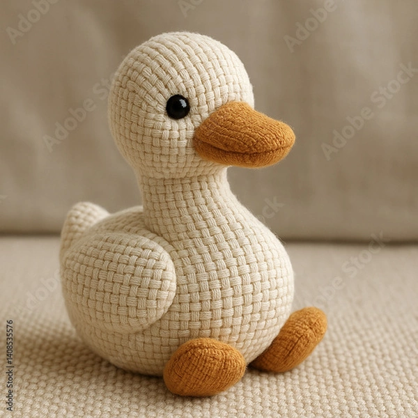 Fototapeta Cute handmade duck plush toy crafted from cream-colored textured yarn, with orange beak and feet. It sits upright on a neutral fabric surface, exuding warmth and charm.