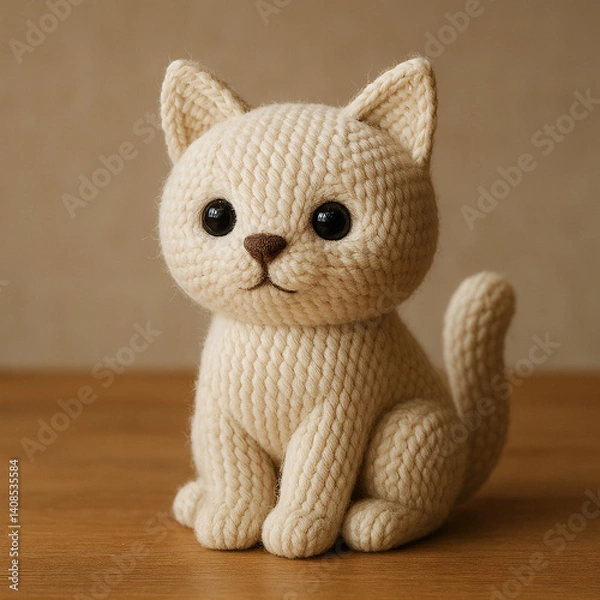 Fototapeta Adorable handcrafted cat plush toy made from thick, cream-colored yarn with large black eyes and a small stitched nose, sitting on a wooden surface in a cozy, neutral-toned setting.