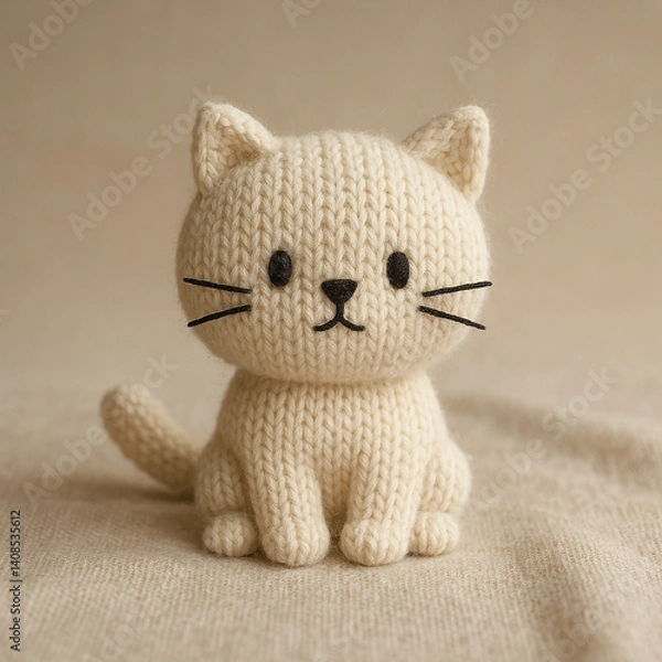 Fototapeta Cute handmade knitted cat plush toy in cream yarn, featuring simple black eyes and stitched whiskers. Seated upright on a soft beige textile background, evoking warmth and coziness.