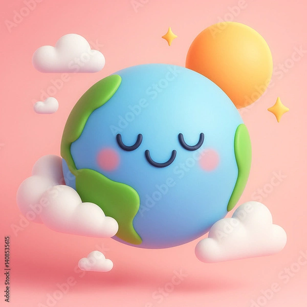Fototapeta Cute 3D cartoon Earth with a smiling face and blushing cheeks, floating among clouds with a sun and stars in a pastel pink sky. A cheerful and child-friendly representation of the planet.