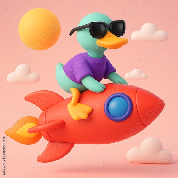 Fototapeta Playful 3D illustration of a cool duck wearing sunglasses and a purple shirt, riding a red rocket through a pastel sky with fluffy clouds and a cartoon sun. Fun and whimsical concept.