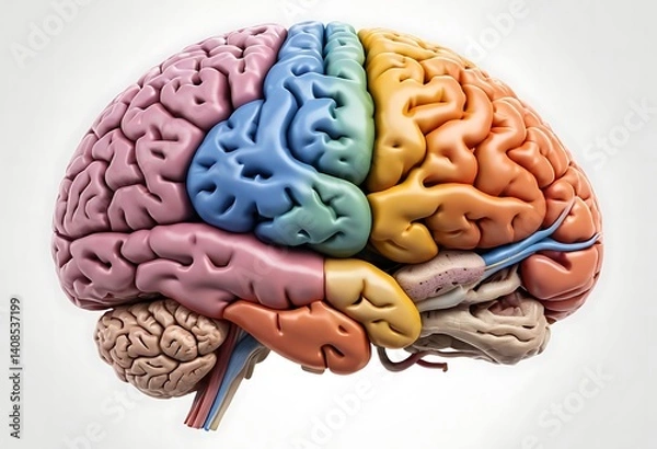 Fototapeta Colorful 3D Render of the Human Brain Divided into Lobes. Generative Ai