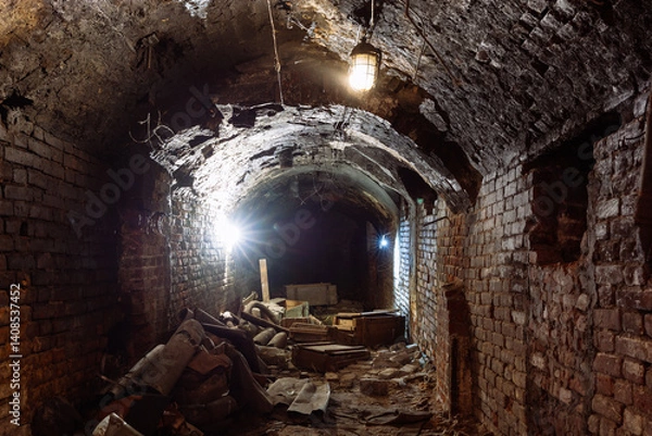 Obraz Dark dirty red brick abandoned tunnel
