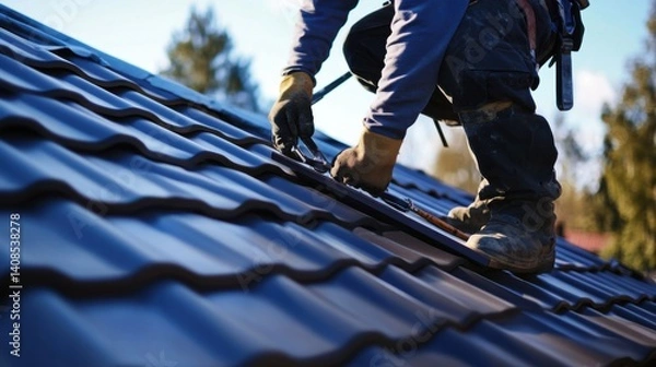 Fototapeta Roofer fixing roof tiles at a construction site. Featuring expertise and care