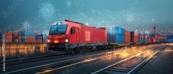 Obraz Digital freight train transporting cargo containers.