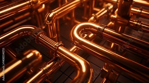 Fototapeta Detailed view of a network of copper pipes and connections in a complex configuration