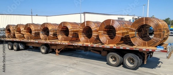 Obraz Large rolls of metal wire transported on a flatbed truck.