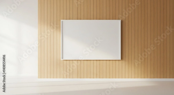 Fototapeta Clean minimalistic interior with an empty white frame on a light wood panel wall and sunlight shining through a window.