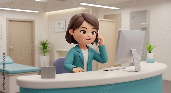 Obraz Smiling Receptionist at Modern Clinic: A Cheerful 3D Illustration