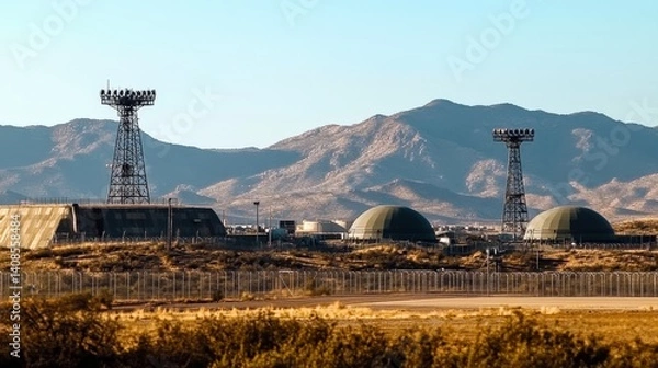 Fototapeta Military base with communication towers and domes in desert landscape