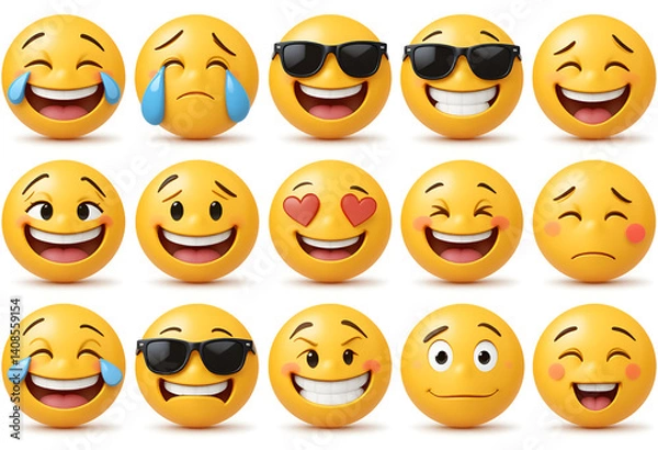 Fototapeta Set of 10 3D cartoon emoji faces with various expressive emotions including joy, laughter, crying, anger, love, silliness.