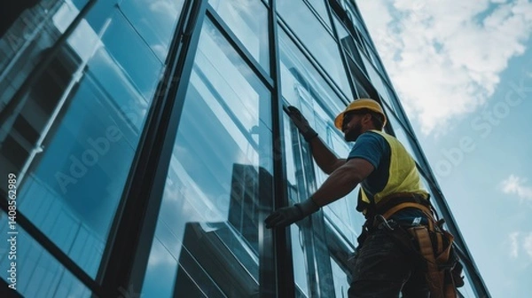 Obraz A construction worker installing glass windows on a building. Featuring skill and precision